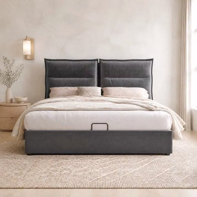 Letto matrimoniale imbottito 140x200 cm con contenitore; testiera regolabile in velluto grigio