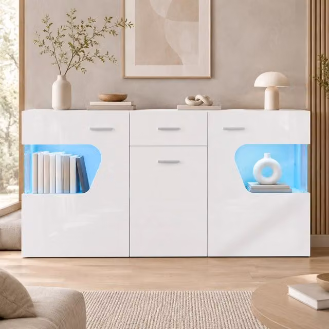 Madia con 3 ante e 1 cassetto, vani in vetro con LED, per soggiorno, in MDF, 140×33×70 cm, bianco