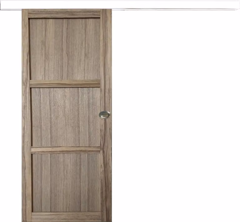 Porta scorrevole in legno Frake 3 ante H204 x L83 cm, binario in alluminio con fascia bianca, conchiglie Gd Menuserie
