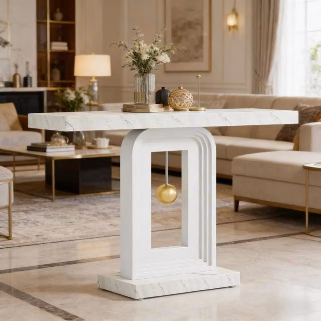 Consolle OKWISH con base geometrica e piano in marmo bianco per ingresso e soggiorno, L: 100 cm, P: 43 cm, H: 110 cm