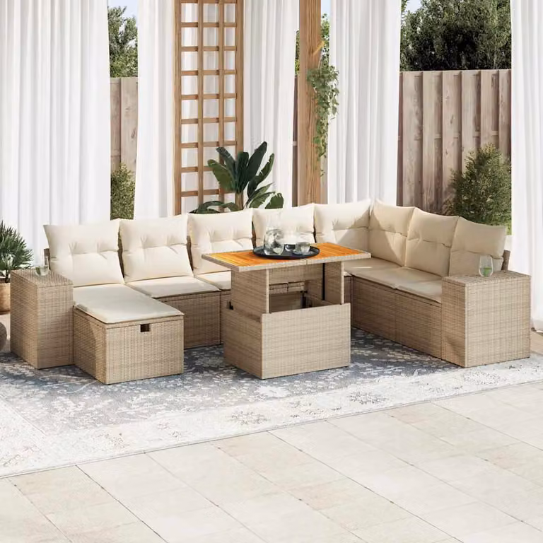 Set Divano da Giardino vidaXL 9 pz a forma di U in Polyrattan e Legno di Acacia con Cuscini Beige e Coperture Rimovibili