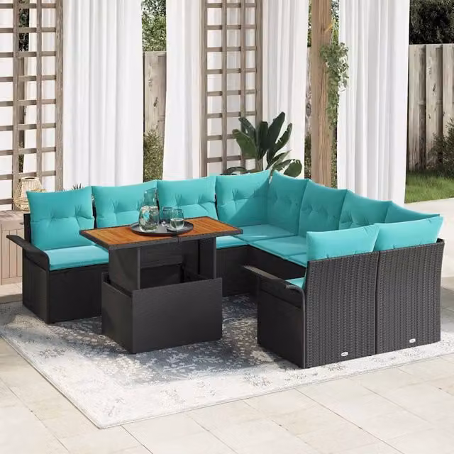 Set Divano da Giardino 9 pz Nero Poly Rattan 3358055