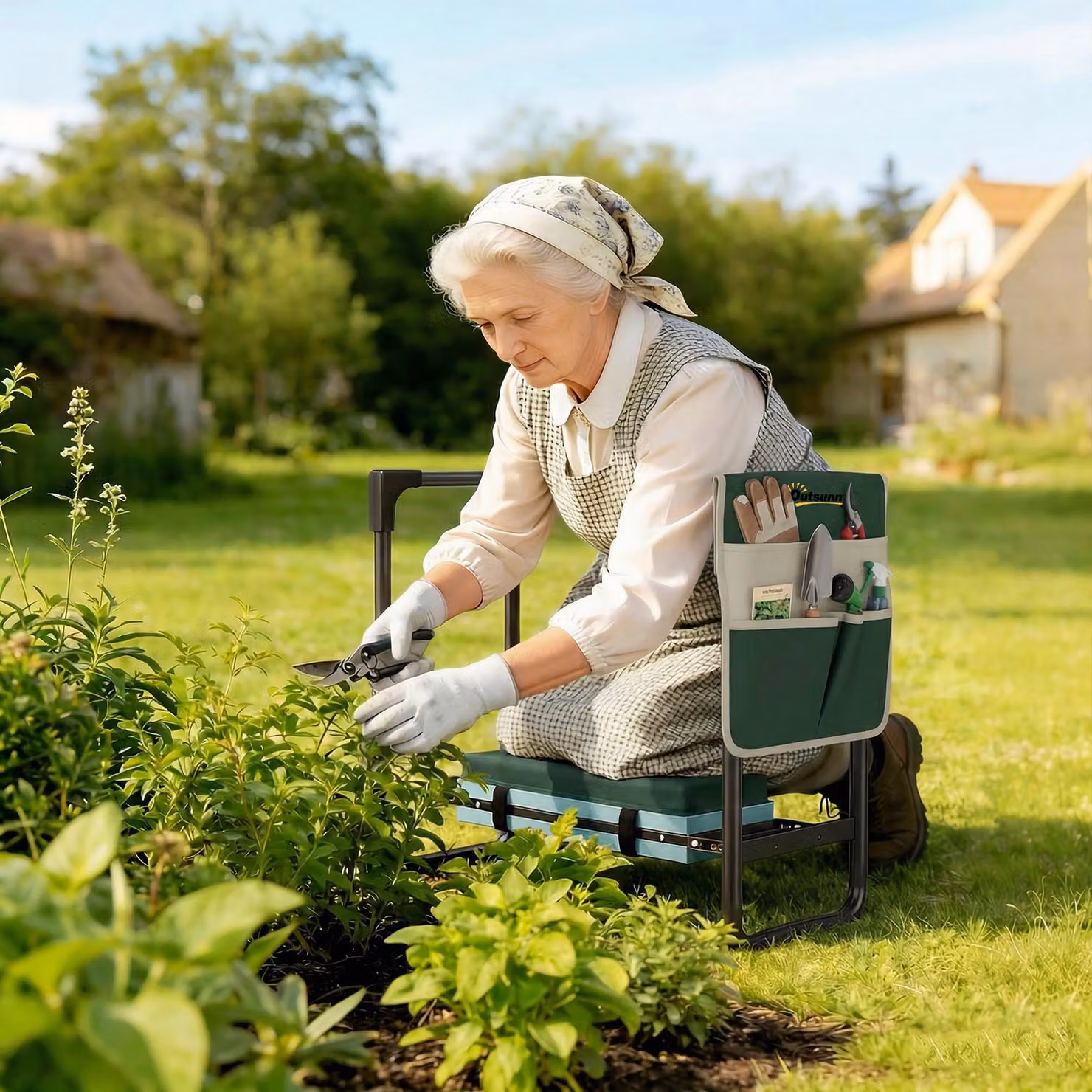 Sgabello da giardino Outsunny con area ginocchia imbottita e gambe in acciaio estensibili, verde – 2
