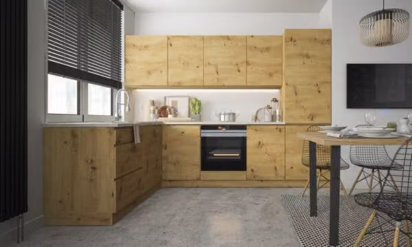 Blocco cucina a L "Fiuggi" 200x275cm estensione parziale rovere artigianale