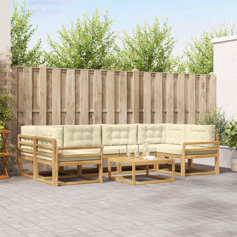 vidaXL Set di divani da esterno a L in legno di acacia con tavolo da caffè, 5 pezzi, Bianco e Beige