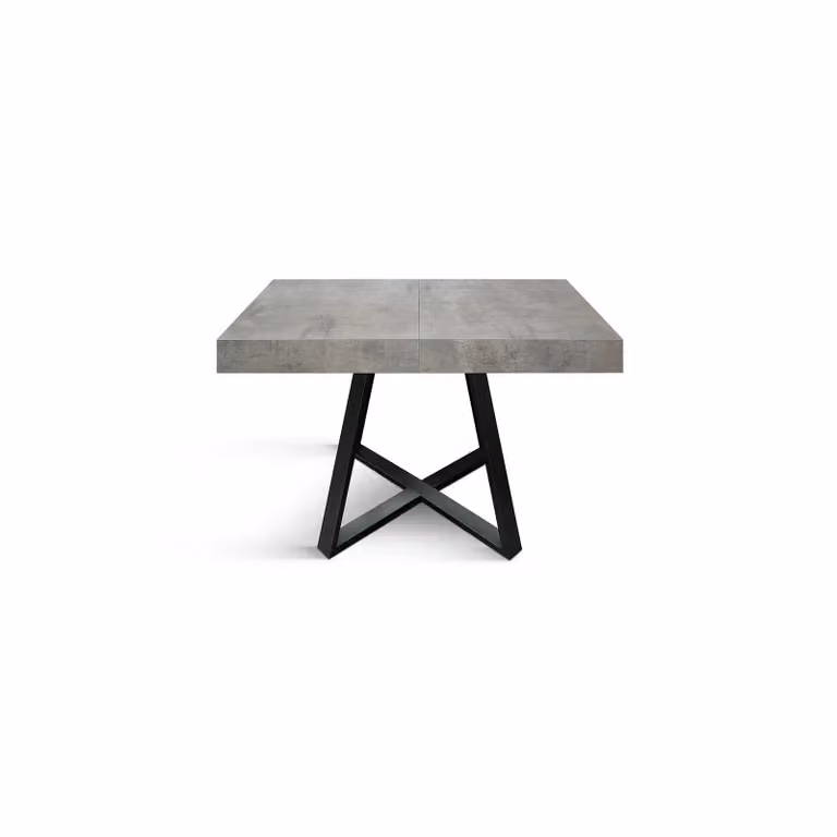 Tavolo FORTE DEI MARMI in legno, finitura grigio cemento e base incrociata in metallo antracite, allungabile 95×90 cm – 145 x 90 cm