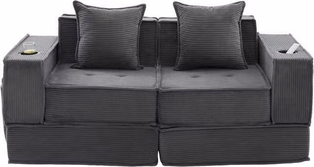Divano letto doppio moderno in tessuto con pouf contenitore e portabicchieri, 162x78x66 cm, colore cord