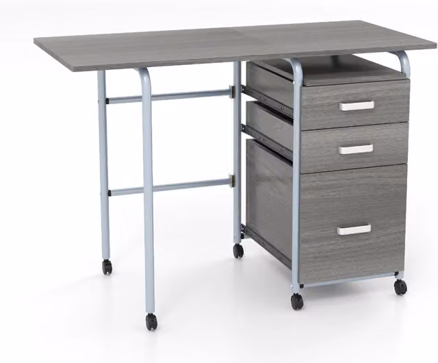 Scrivania pieghevole moderna con piano in MDF laminato e struttura in metallo, colore grigio, dotata di ruote per facilitare lo spostamento