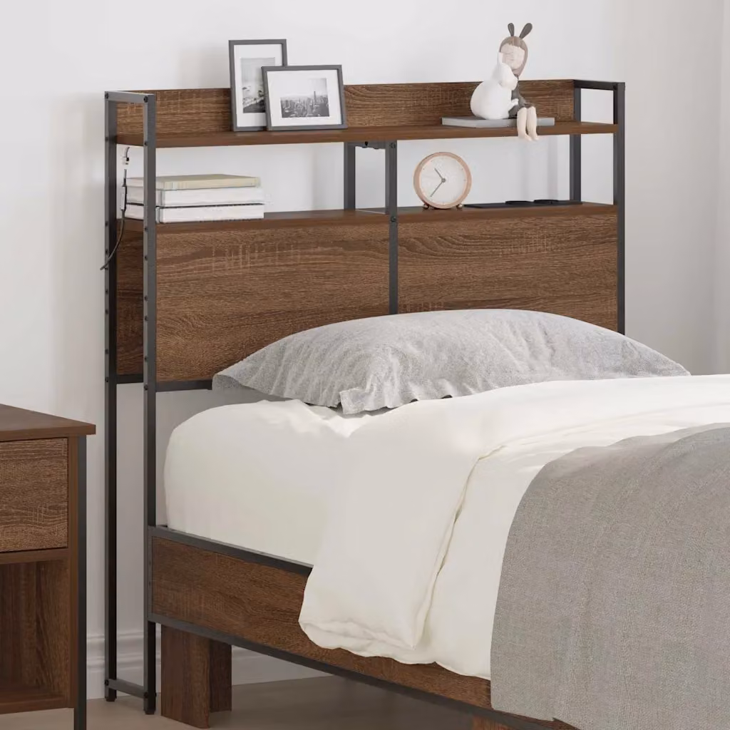 Testata del letto con contenitore e illuminazione integrata vidaXL in legno ingegnerizzato e metallo marrone opaco
