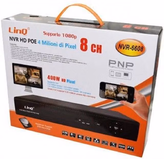 NVR LINQ Nvr-6608 con 8 canali, registrazione e live Full HD 1080p, tecnologia Wifi, compressione H.264/H.265 e P2P, colore nero