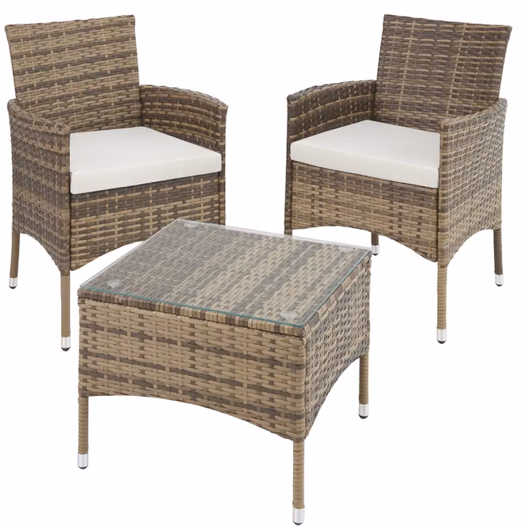 Set da giardino Lucerna di tectake in polyrattan con tavolo in vetro e rivestimenti in due colori, naturale