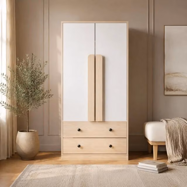 Desviae Armadio a doppia anta con 1 vano e 2 cassetti in legno naturale e bianco per camera da letto 70 × 40 × 170 cm