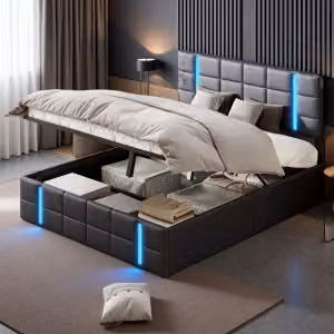 UnboxG Letto imbottito 160x200cm con LED e USB/Tipo C, letto a molle idrauliche con rete a doghe, vano portaoggetti e struttura in metallo, letto matrimoniale letto per ragazzi ,Poliuretanonero