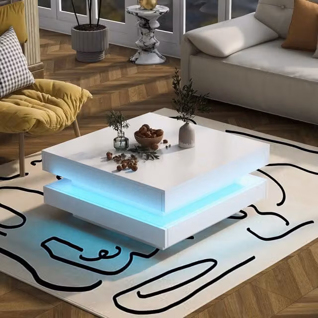Tavolino basso quadrato con illuminazione LED controllata tramite app Bluetooth in truciolare bianco 70 × 70 × 36 cm