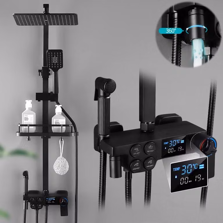 Set doccia a pioggia, sistema doccia con termostato e indicatore LED della temperatura, rubinetteria doccia con doccetta a 3 funzioni, doccia regolabile, acciaio inossidabile, nero
