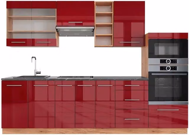 Cucina componibile moderna Vicco Fame-Line Bordeaux lucido e Rovere dorato con piano Antracite, L: 280 cm – 1