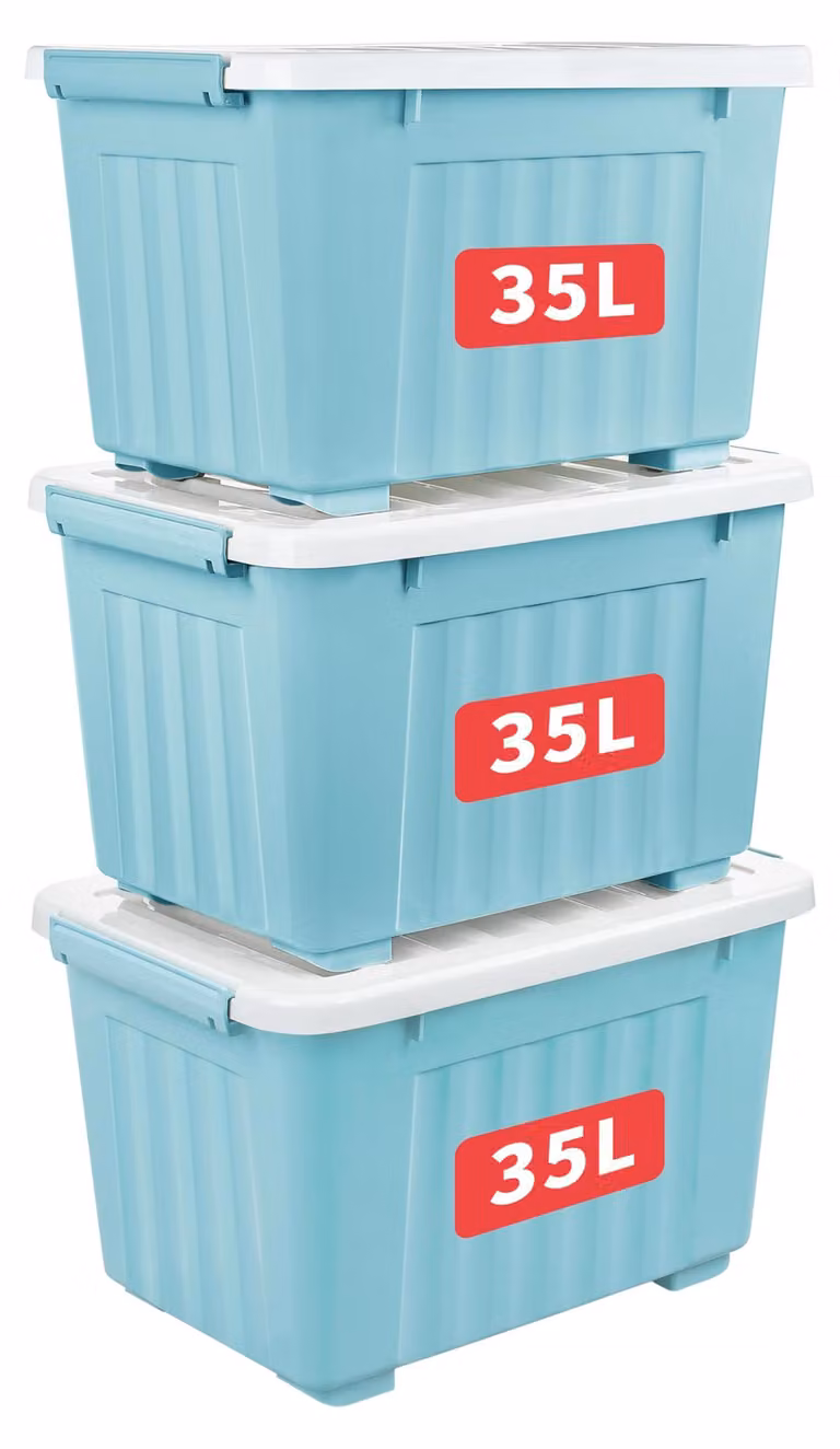 Contenitori portaoggetti con ruote, capacità 35 litri, set da 3, colore blu, in plastica, impilabili, per l'ufficio