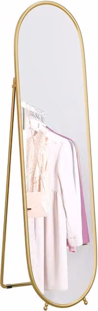 Specchio da terra ovale Minimal con supporto in metallo e vetro, colore oro, L 40 cm x P 41 cm x H 159 cm