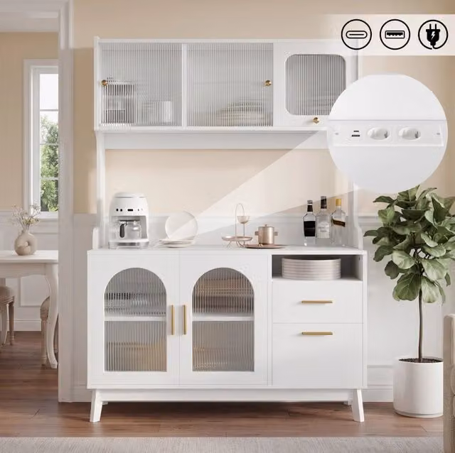 Credenza alta bianca con prese, USB e frontale in acrilico