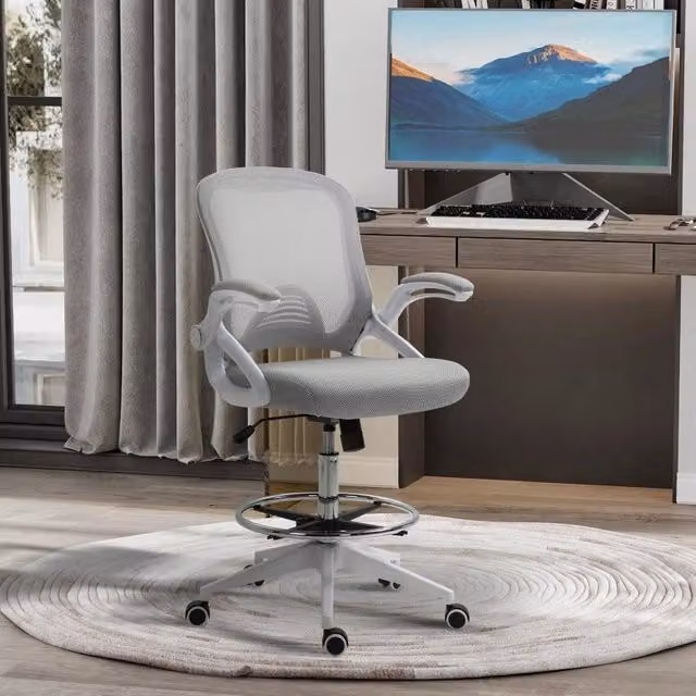 Sedia da Ufficio Ergonomica con Schienale in Rete, Braccioli Ribaltabili e Poggiapiedi Regolabile, Altezza Regolabile 58-78 cm, Grigio Chiaro