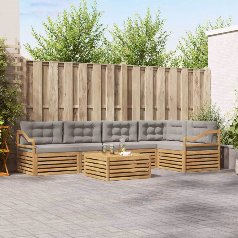 Set di divani da esterno a L vidaXL in legno di acacia con tavolo da caffè, 6 pezzi, Bianco e Grigio Chiaro