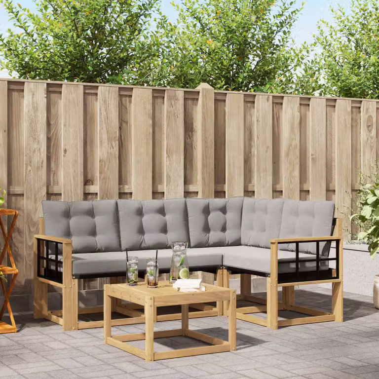 Set di divani da esterno vidaXL a forma di L con tavolino da caffè, struttura in legno di acacia trattato e sedute in textilene, colore bianco, grigio e marrone
