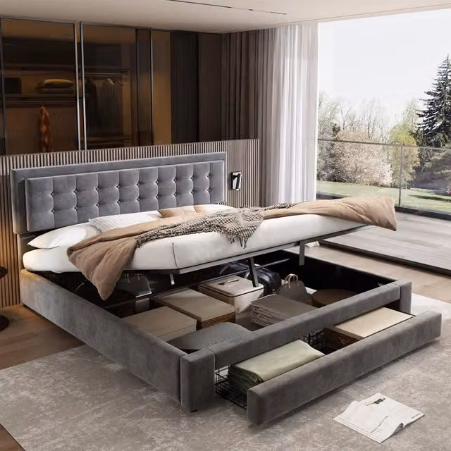 Letto matrimoniale OKWISH con contenitore idraulico e testiera regolabile in velluto grigio, L/P: 160 x 200 cm