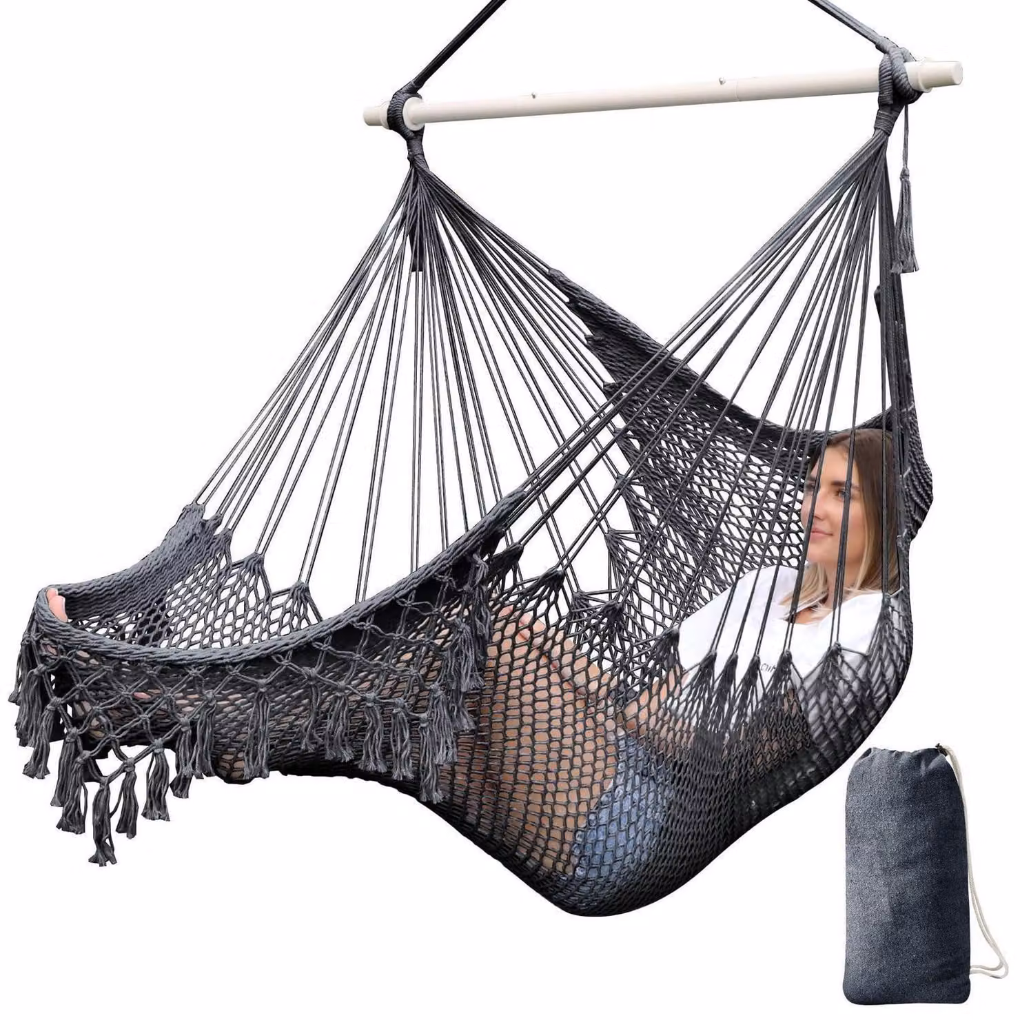 Sedia a dondolo sospesa, realizzata con corda di cotone, colore grigio scuro, dimensioni 240x80 cm, con barra di supporto