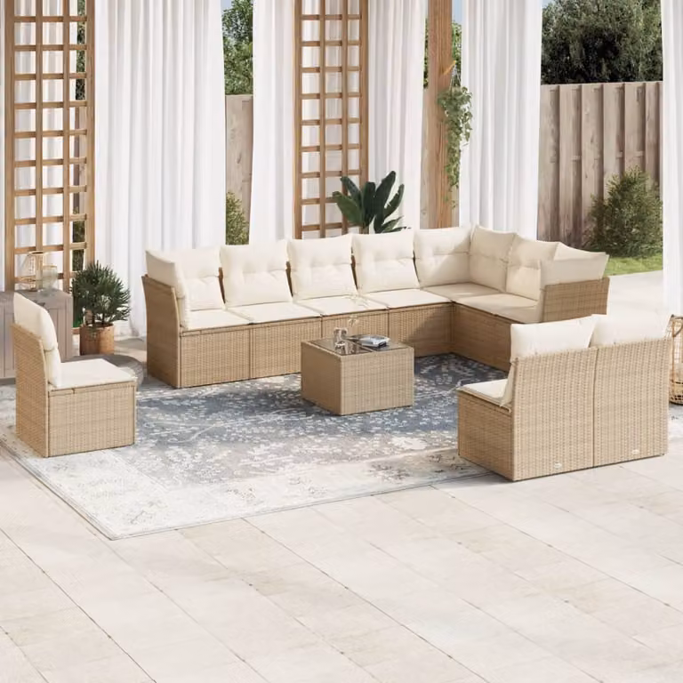 Set di divani da giardino vidaXL 11 pz in polyrattan beige con cuscini e tavolino da esterno