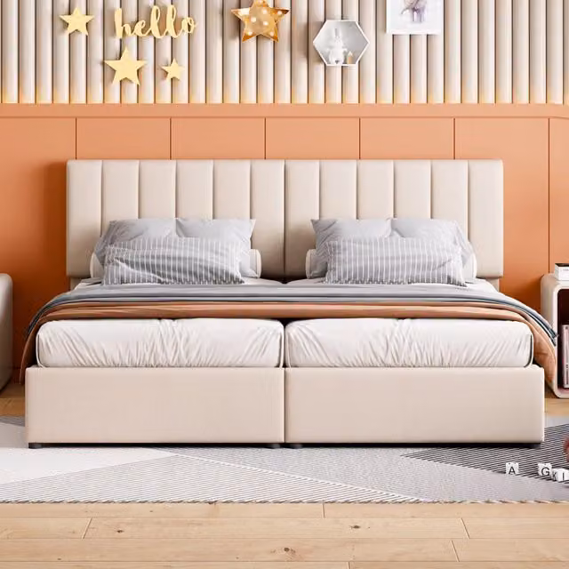 Letto Matrimoniale 180x200 Beige con Contenitore Idraulico e Testiera Regolabile