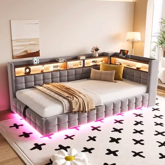 Divano letto imbottito 90x200 cm con contenitore idraulico e LED in velluto grigio chiaro