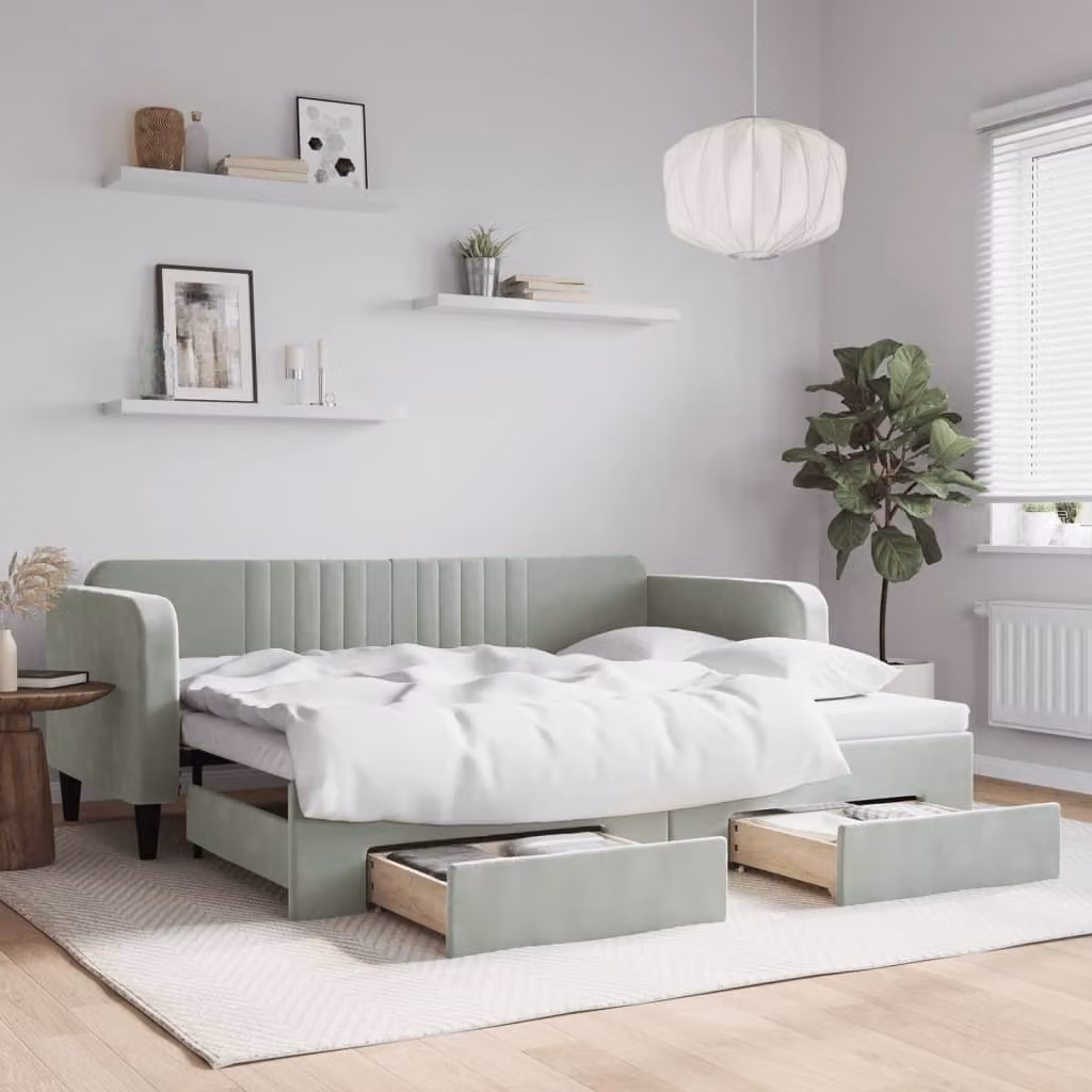 vidaXL Divano Letto Moderno con Cassetti in Velluto Grigio L: 90 cm, P: 200 cm