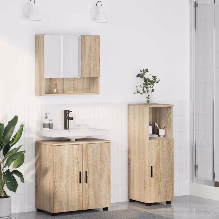 Set di mobili per il bagno moderno vidaXL composto da 3 pezzi in colore marrone, include base lavabo, armadietto con specchio e colonna, L/P/H: 61 x 35 x 64 cm