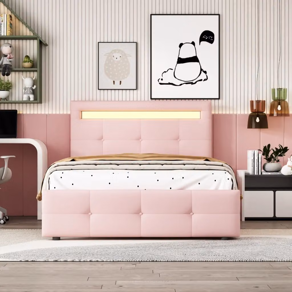 Letto imbottito WISHDOR con illuminazione LED e 2 cassetti, colore rosa, L/P/H: 90 x 200 x 106 cm – 2