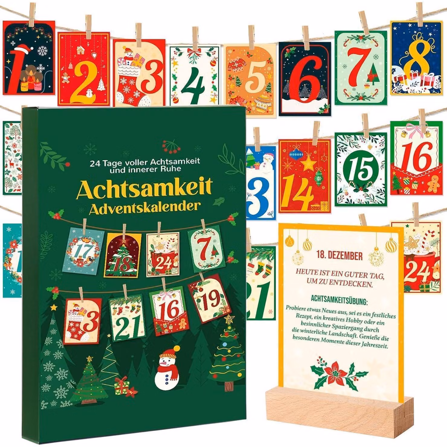 Calendario dell'Avvento per la consapevolezza 2025: 24 carte, con graffette in legno