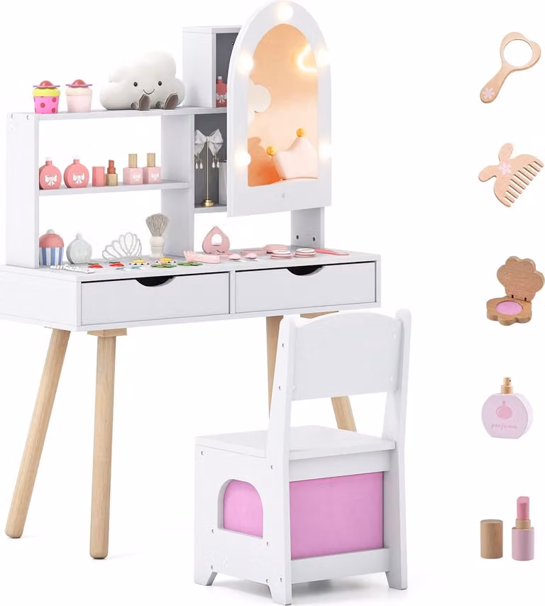 Set da toeletta per bambini con specchio LED a 3 colori, sedia