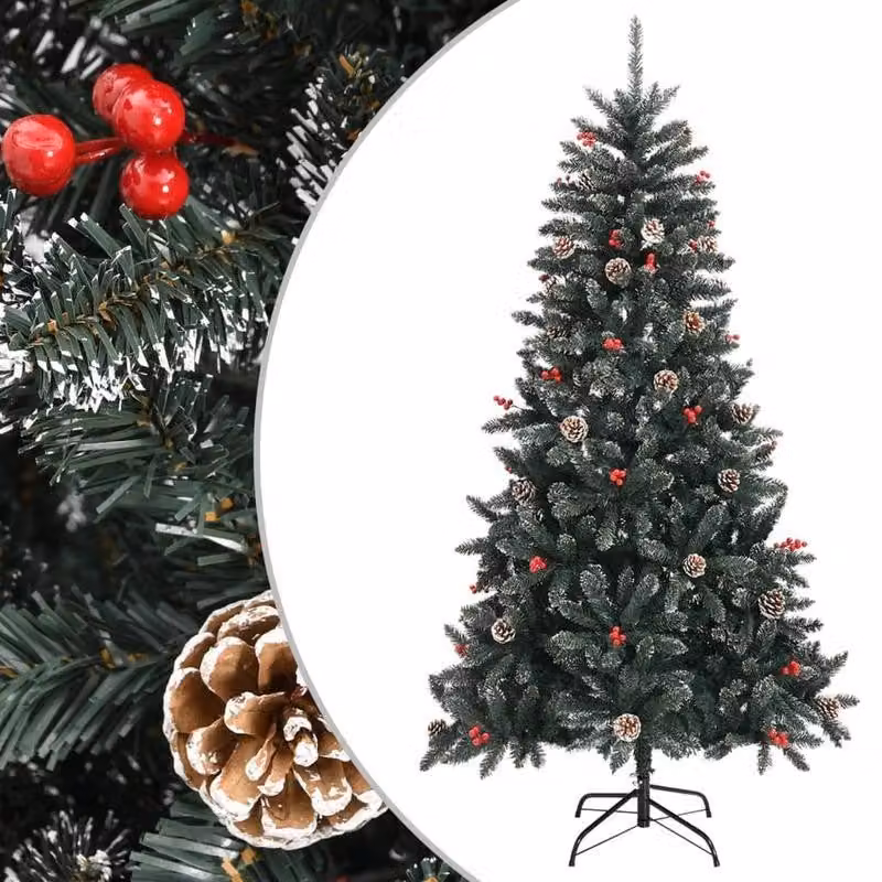 Albero di Natale artificiale, altezza 180 cm, verde scuro con decorazioni bianche che simulano neve, pigne e bacche. Include il supporto