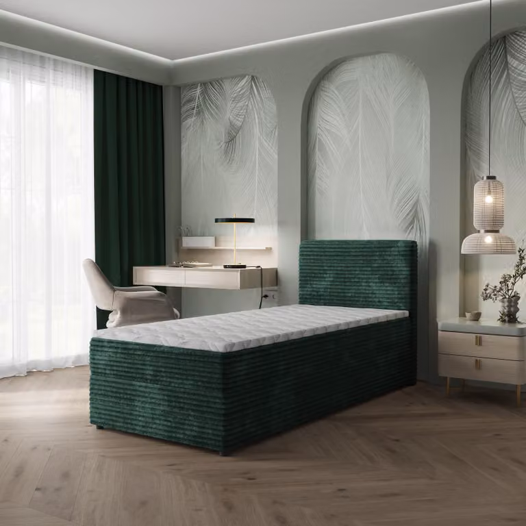Letto boxspring Masseno PISA 100, 100x200 cm, set completo con materasso Bonell e topper, letto imbottito con cassetti - Verde, TILIA 39