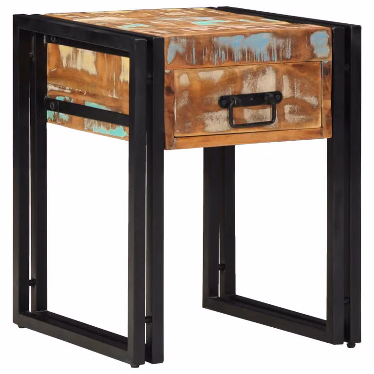 vidaXL Tavolino con cassetto in legno massello e metallo, L/P/H: 40 x 40 x 50 cm