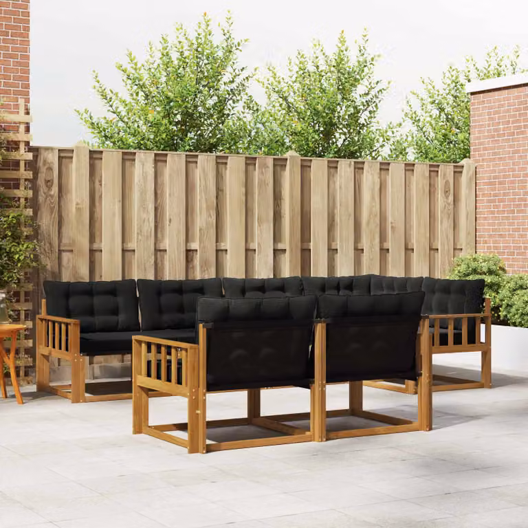 Set di divani da esterno vidaXL 7 pz a forma di U in legno di acacia con cuscini in tessuto textilene, colore marrone e nero