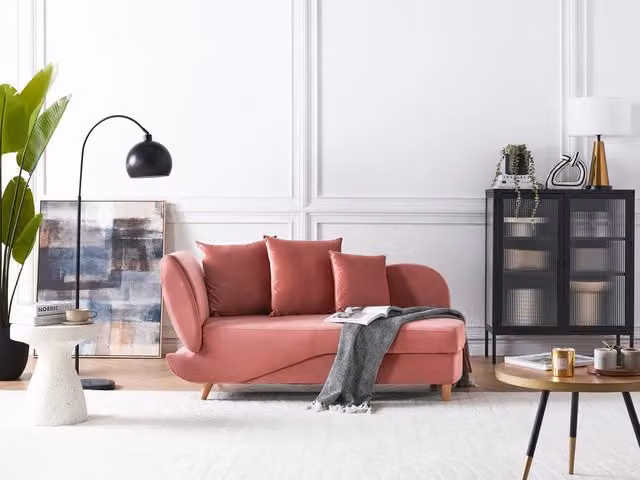 Chaise longue versione sinistra in velluto rosa con contenitore soggiorno lato sinistro design moderno contemporaneo