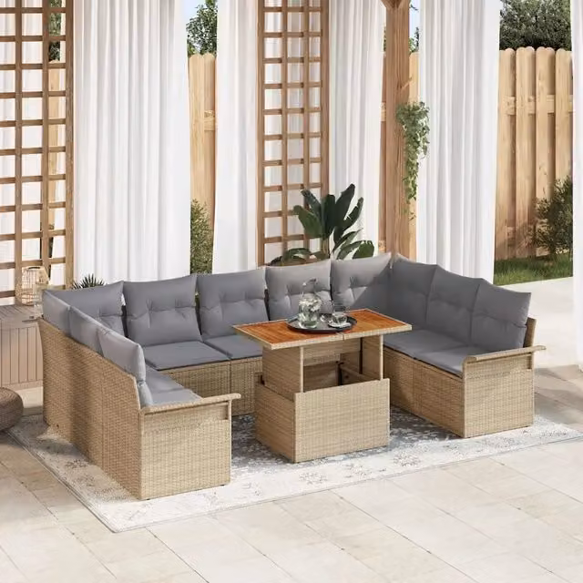 Set Divano da Giardino a L con 10 Pezzi vidaXL Beige in Rattan e Metallo con Cuscini Inclusi
