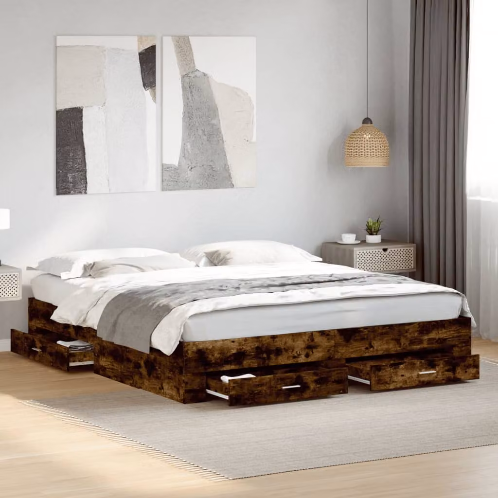 vidaXL Giroletto con Cassetti in Legno Multistrato Rovere Fumo 200x200 cm – 1