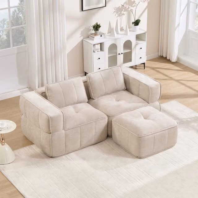 Divano angolare modulare 2 posti senza telaio con pouf, seduta profonda e braccioli larghi in poliestere beige