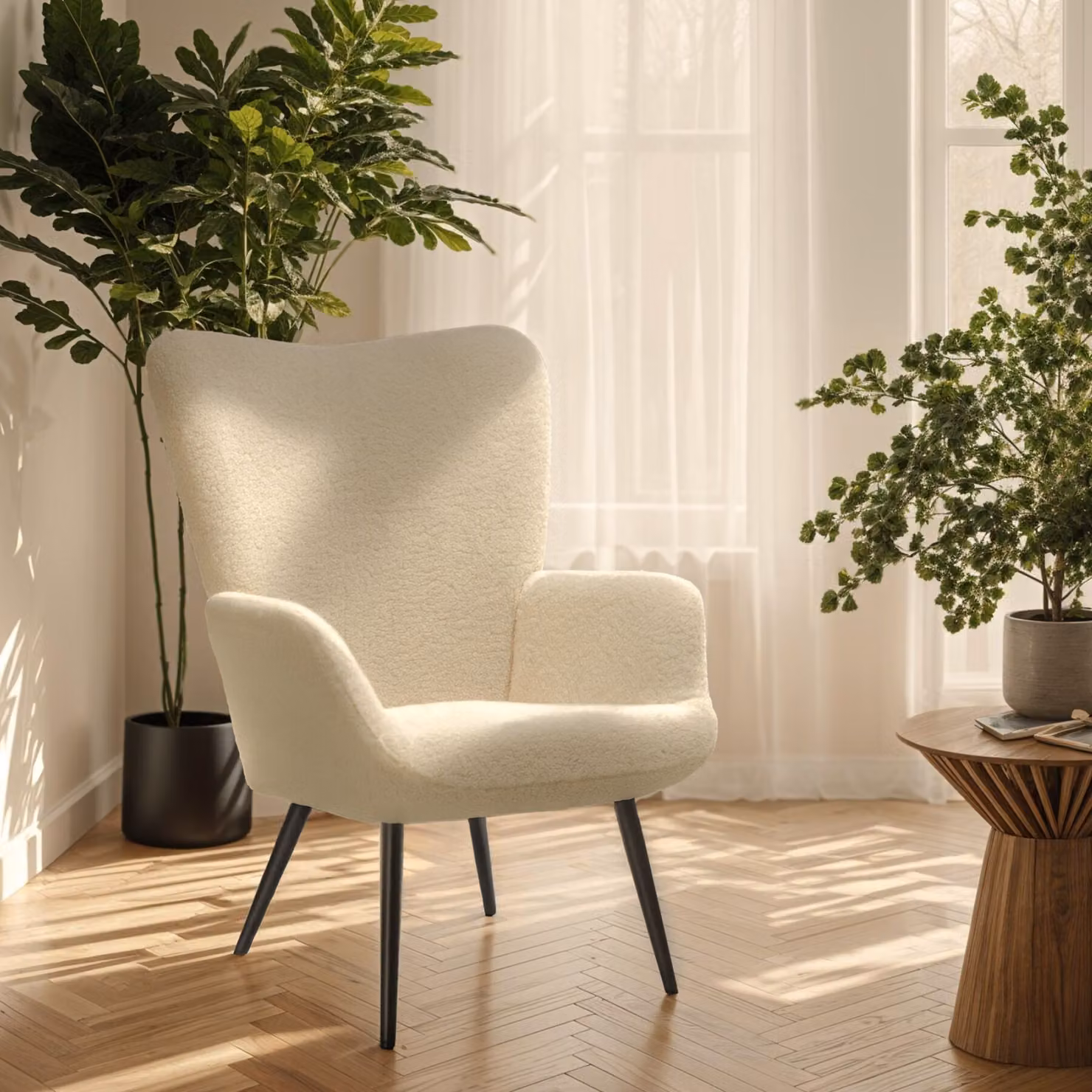 Poltrona scandinava Tectake in bouclé bianco e nero con braccioli per soggiorno L: 100,5 cm, P: 72 cm, H: 76 cm – 3