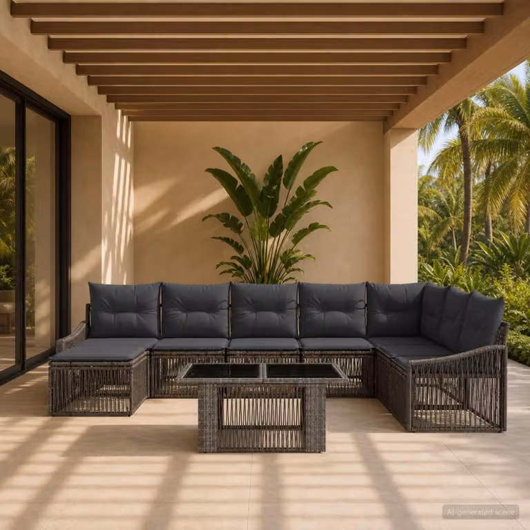 Set Divano da Giardino vidaXL 9 pz a Forma a L con Poltrona, Ottoman e Tavolino, Colore Grigio e Antracite, Struttura in Acciaio e Polyrattan con Cuscini Inclusi