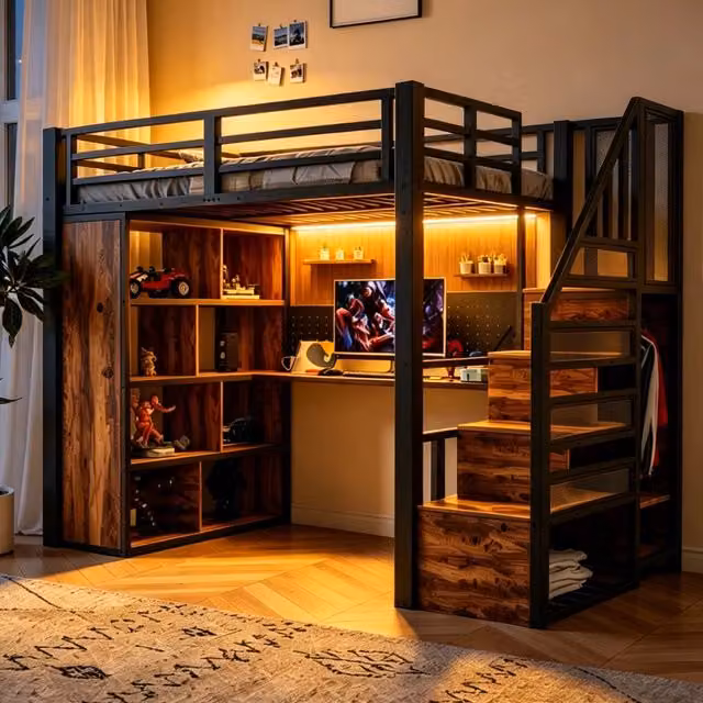 letto a castello metallo e legno nero 90 x 200 cm