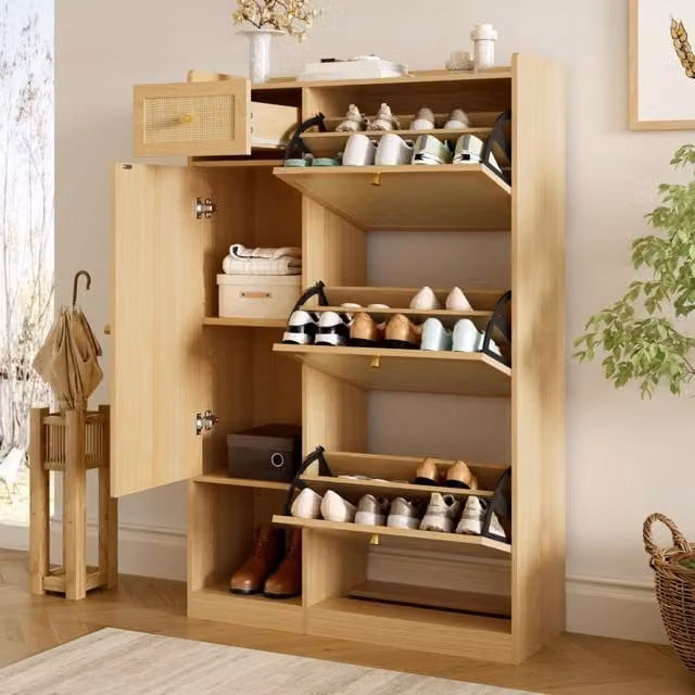 Scarpiera moderna Mivray beige con 3 vani a ribalta e cassetto per ingresso L/P/H: 80.5 x 25 x 125 cm