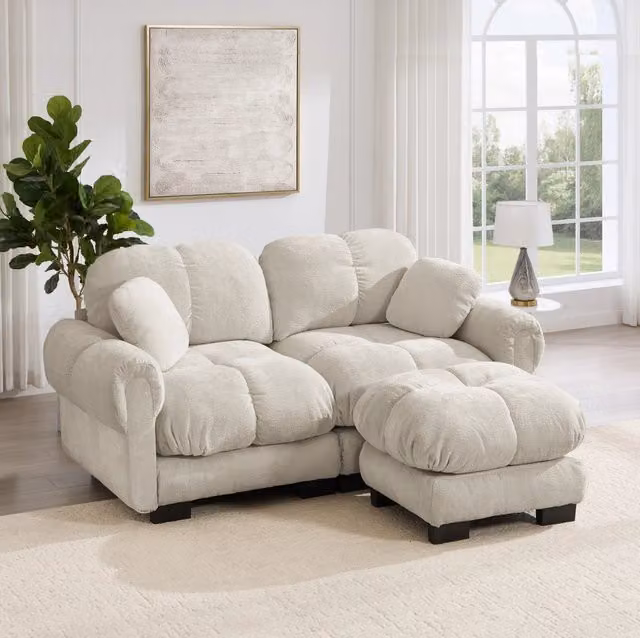 Divano angolare modulare in chenille con pouf mobile e cuscini trapuntati; khaki chiaro