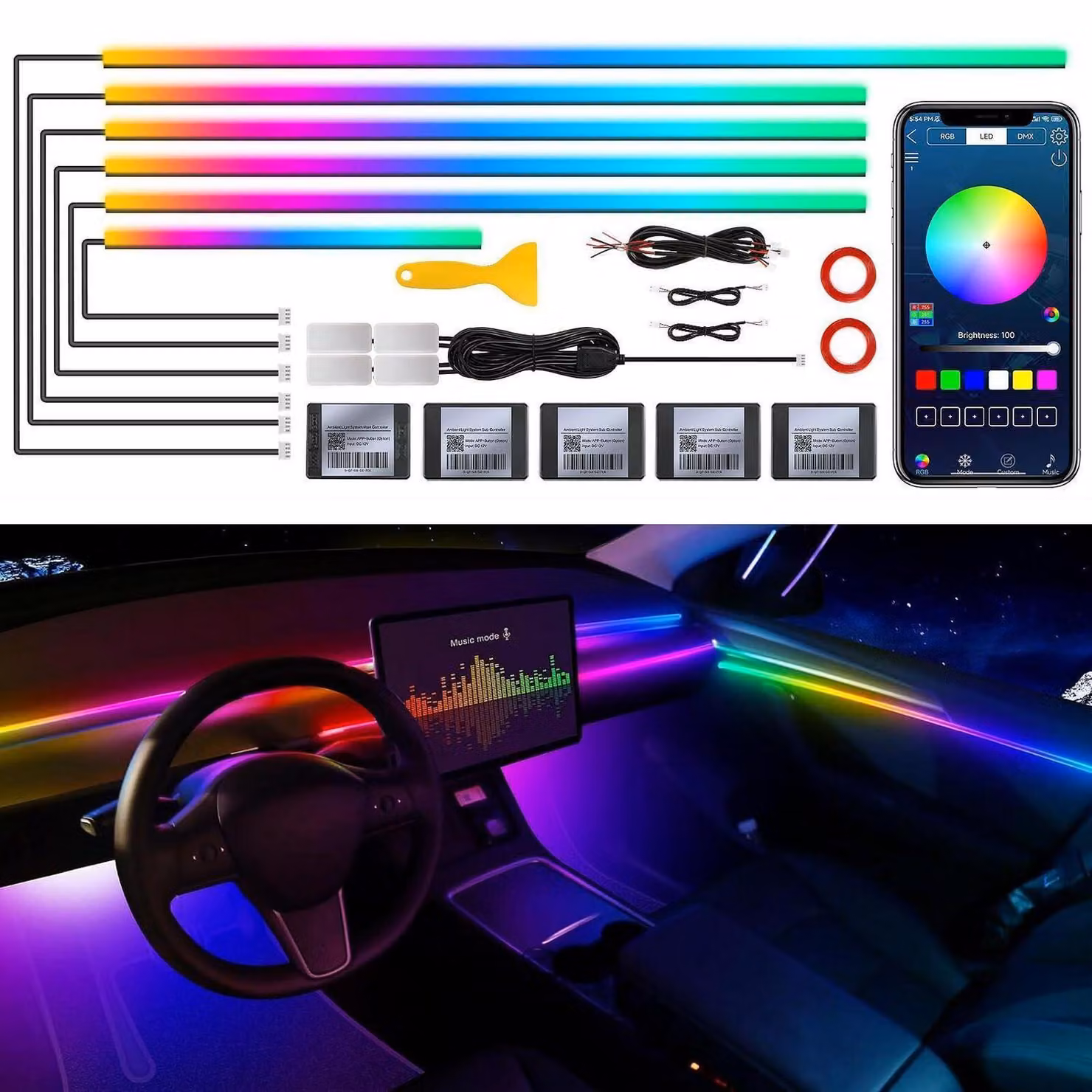 Illuminazione interna per auto a LED, acrilico, RGB, controllo tramite app, sincronizzazione con la musica, 10 funzioni in 1, 175 pollici